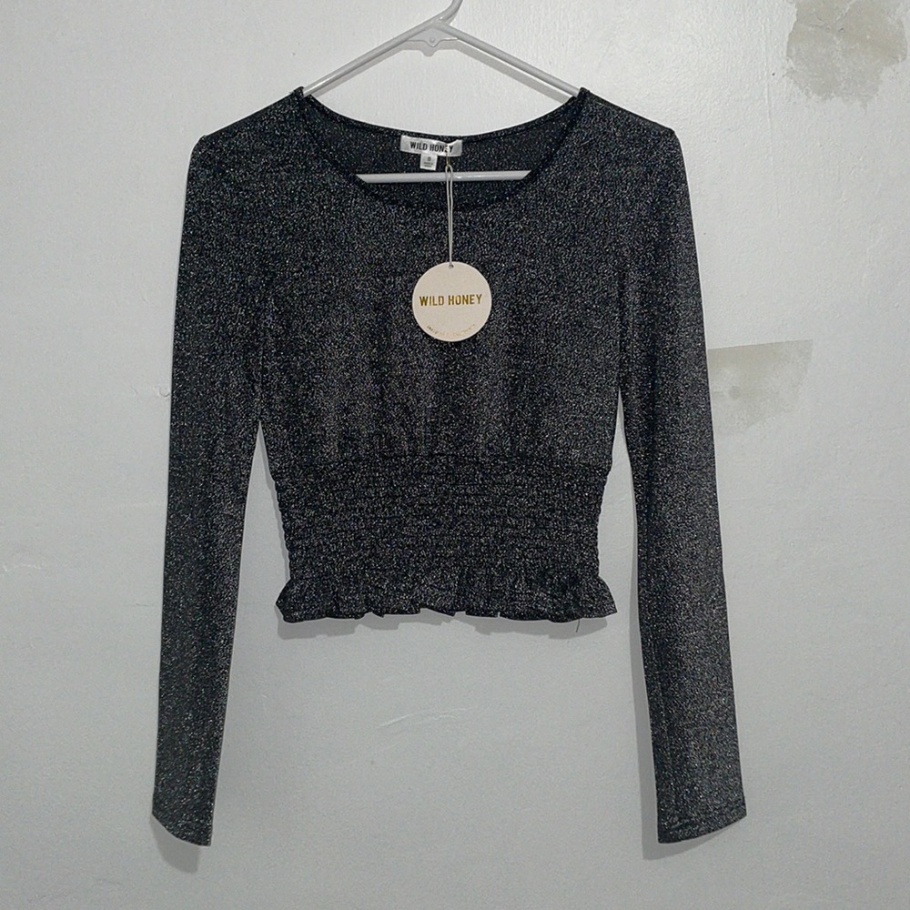 NWT Size S Wild Honey Silver Metallic Long Sleeve Crop Top - Picture 1 of 3